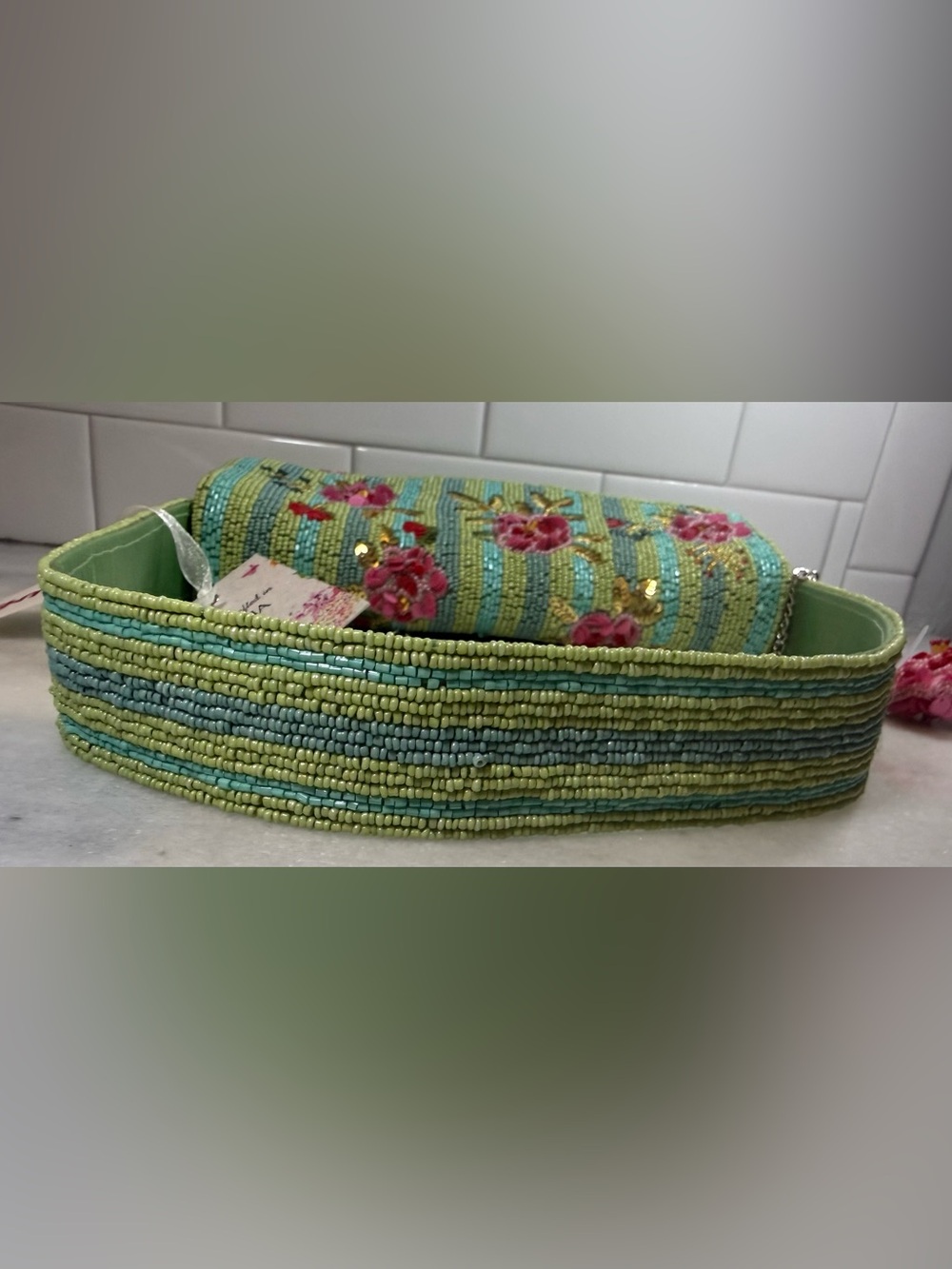 NEW RELEASE Pink Roses Beaded Bag With Green Stripes and Matching Charm NWT - Picture 5 of 9